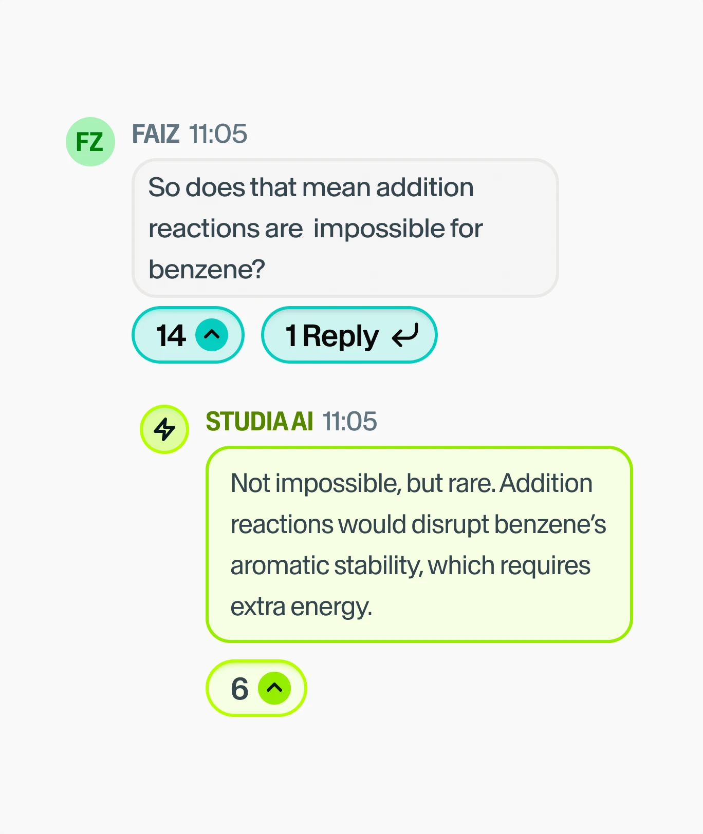 A student asks whether addition reactions are impossible for benzene, and Studia AI answers in the thread