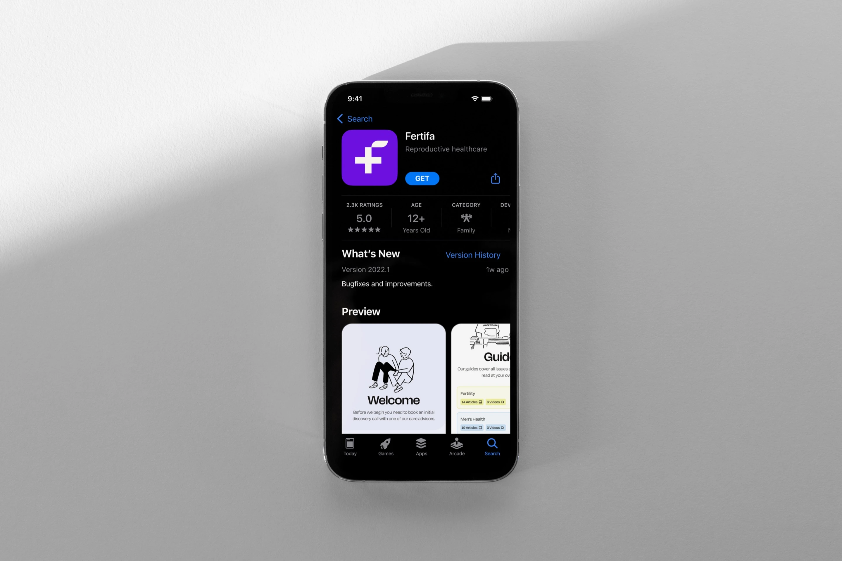 Fertifa’s App Store listing on an iPhone, with the purple logomark as its icon