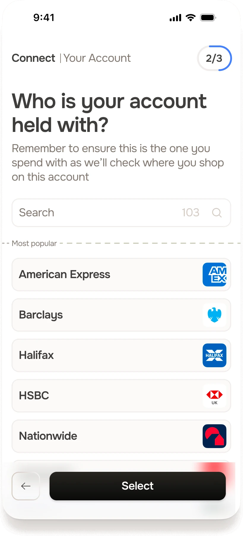 Connecting an account: “Who is your account held with?”, with the most popular banks listed