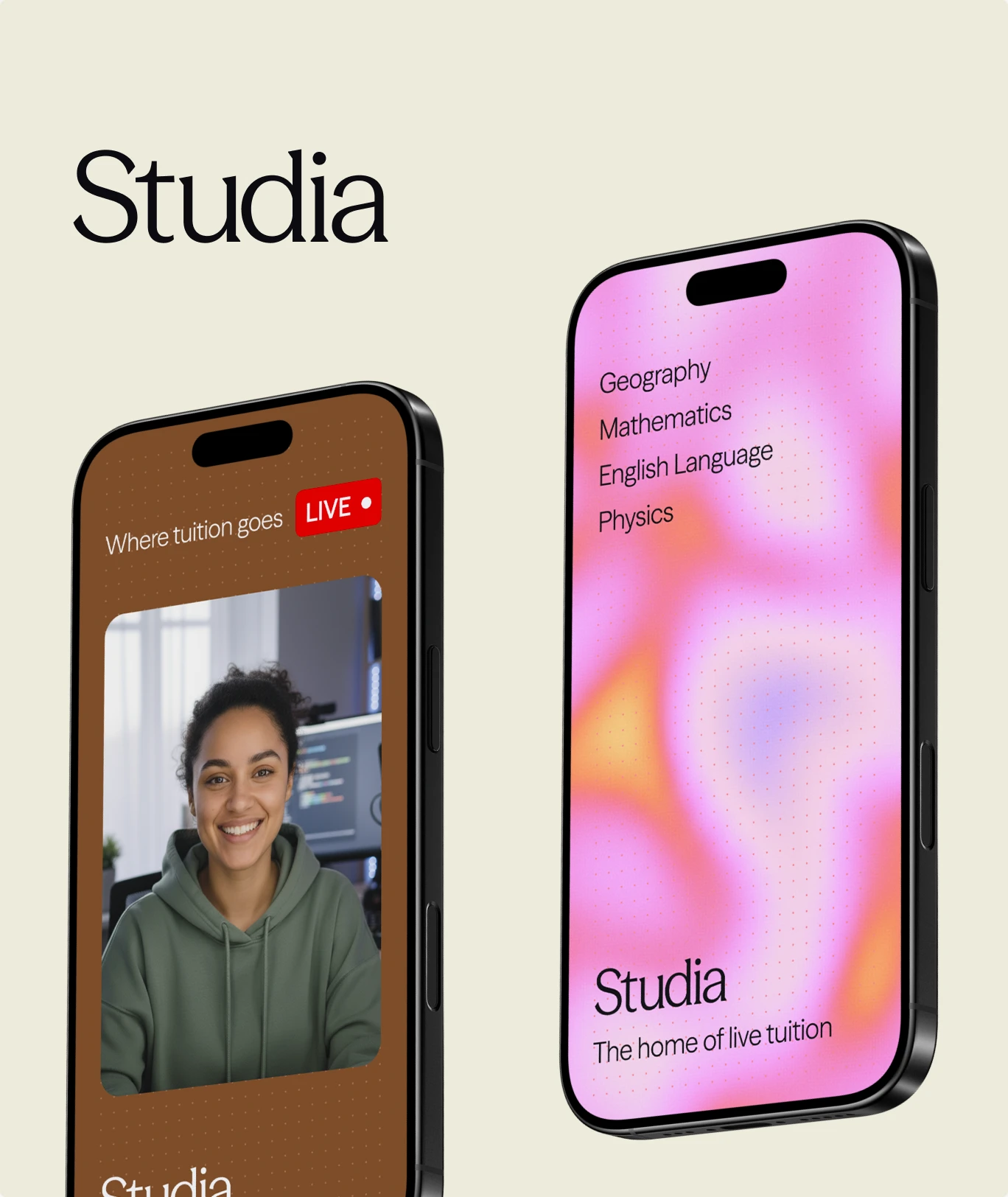 Assured Academic: two phones on cream under the Studia wordmark in a serif, a tutor live under “Where tuition goes LIVE” and a subject list on a soft pink gradient