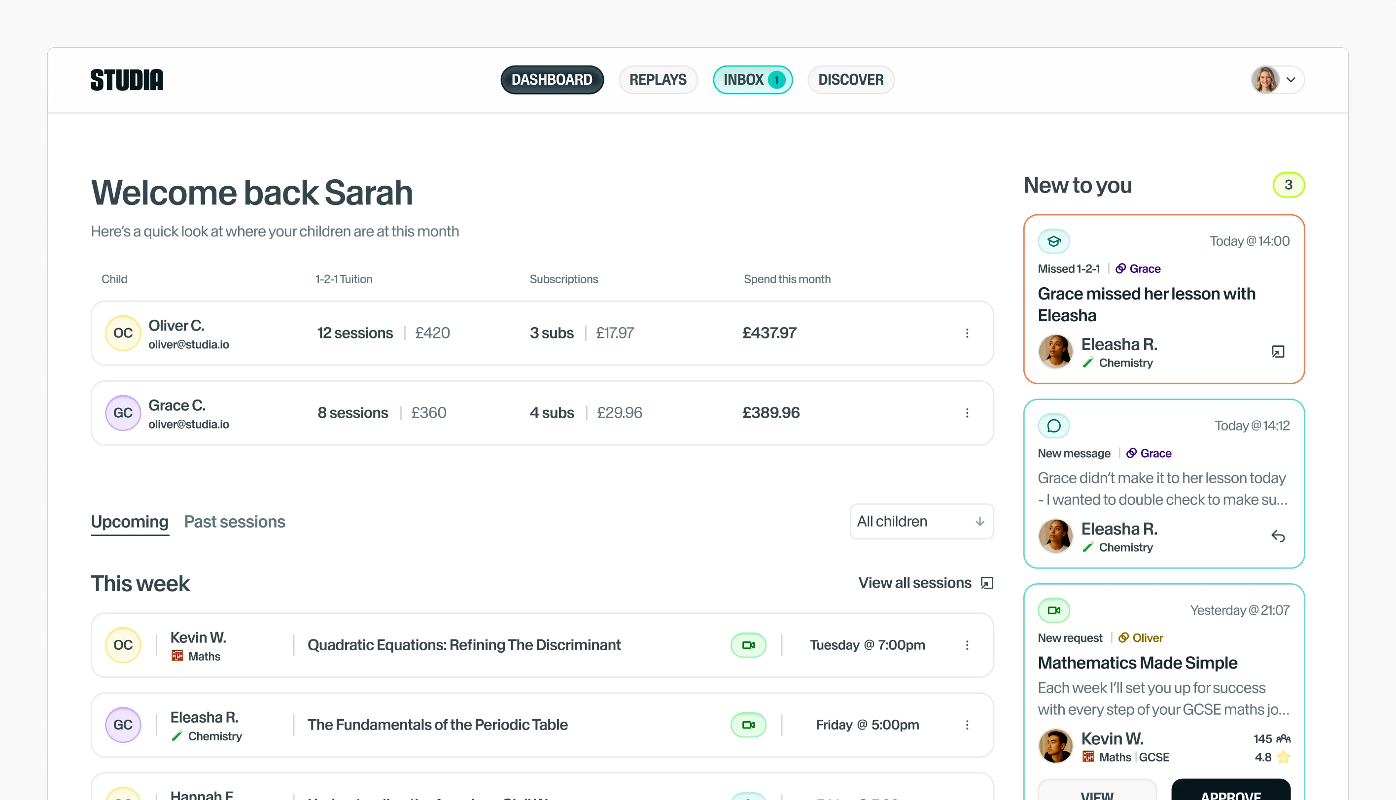 Sarah’s parent dashboard: Oliver and Grace side by side with their sessions, subscriptions and spend this month, the week’s lessons, and requests to approve