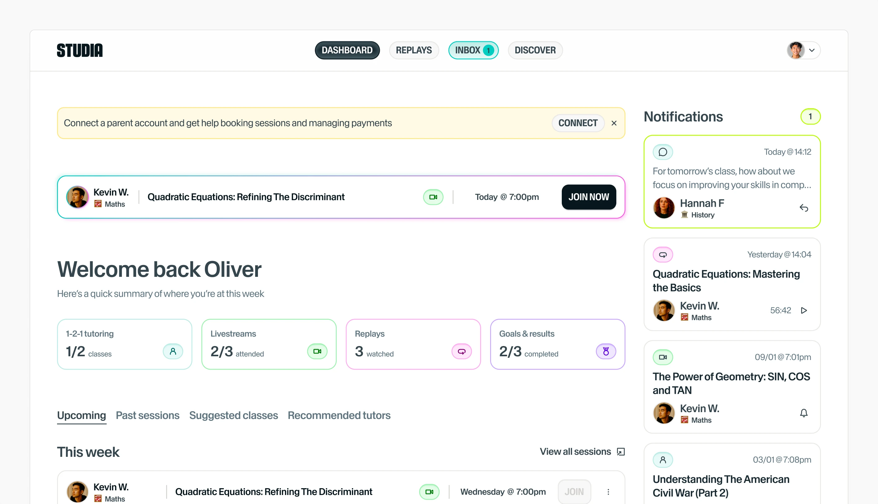Oliver’s student dashboard: a prompt to connect a parent account, his next class with Kevin W. and a Join Now button, his week’s tutoring, livestreams, replays and goals, and his notifications