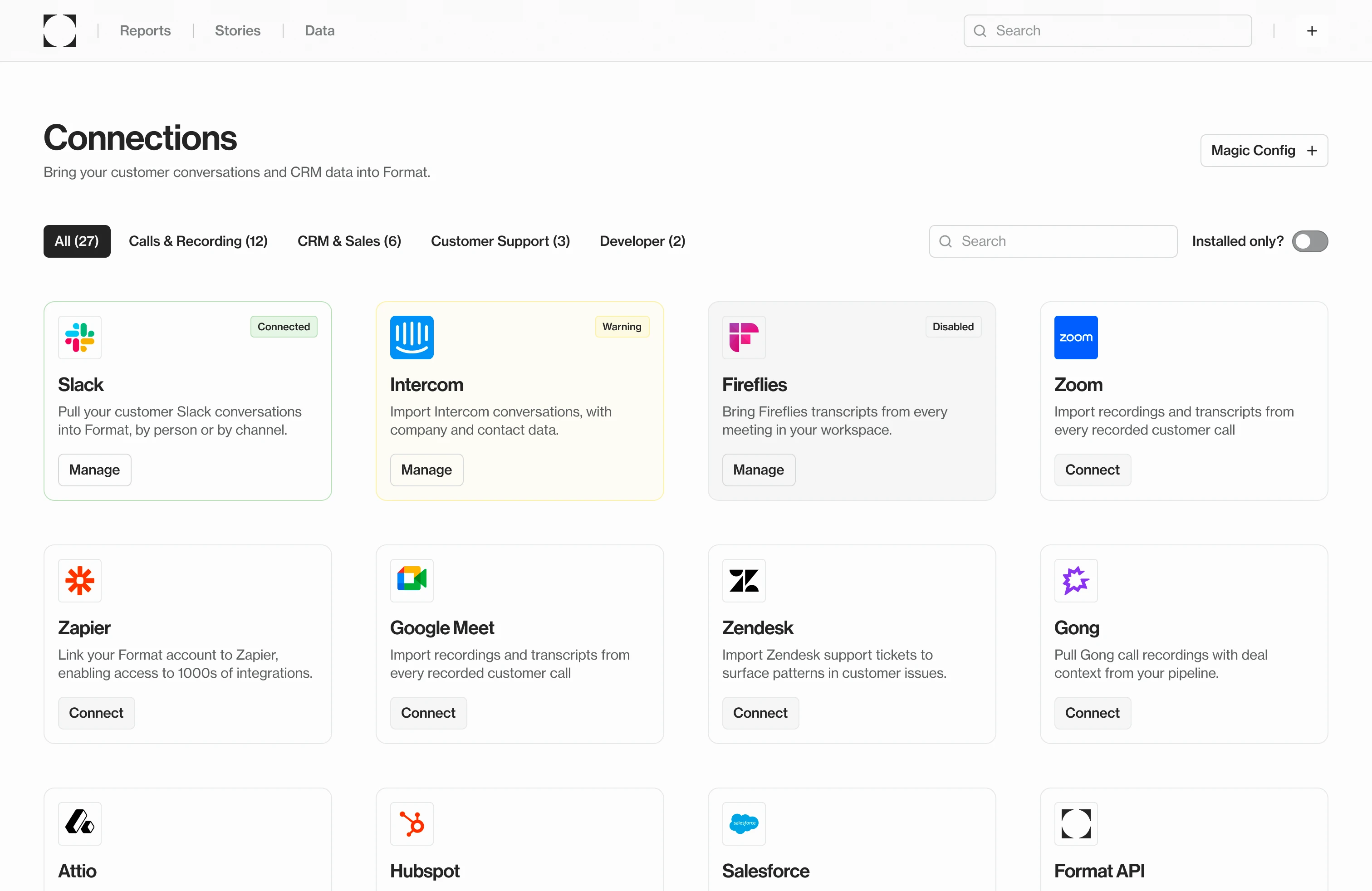 Connections: Slack, Intercom, Fireflies, Zoom, Gong and more