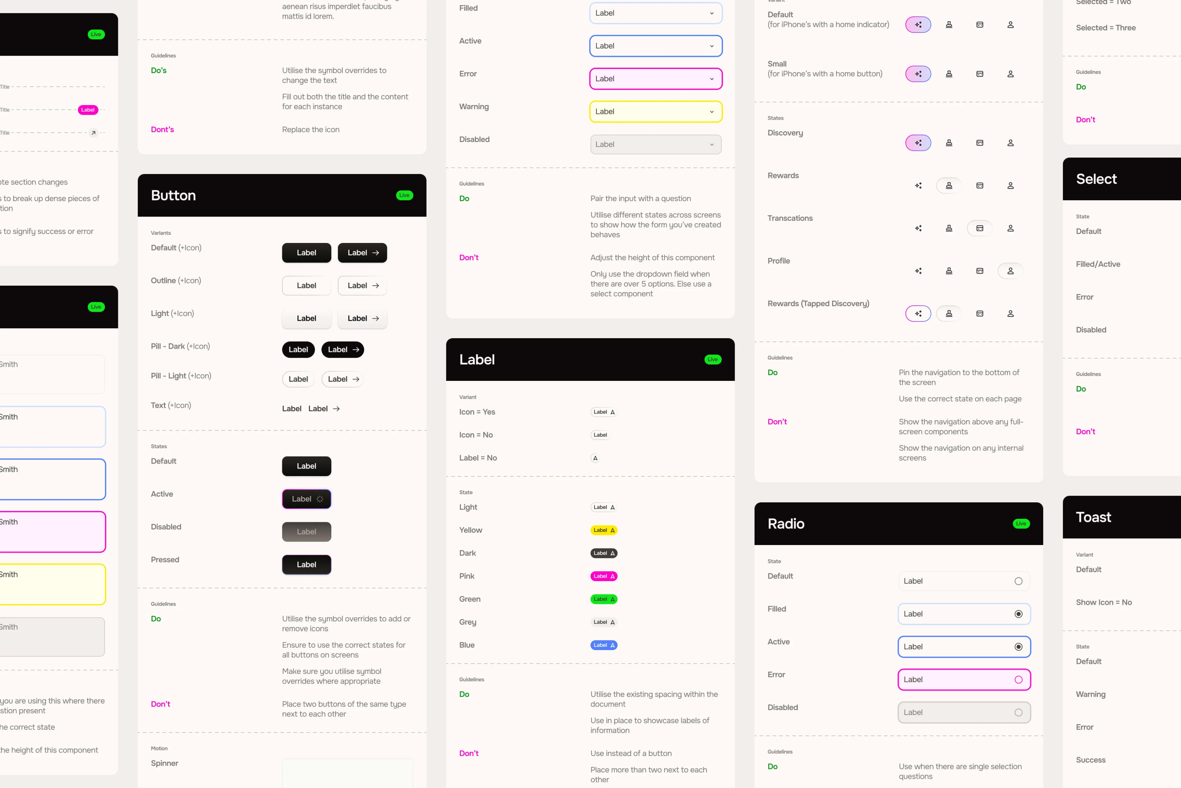 Pages of the Shuffle design system: buttons, labels, inputs, radios, select, toast and navigation, each with states and do’s and don’ts