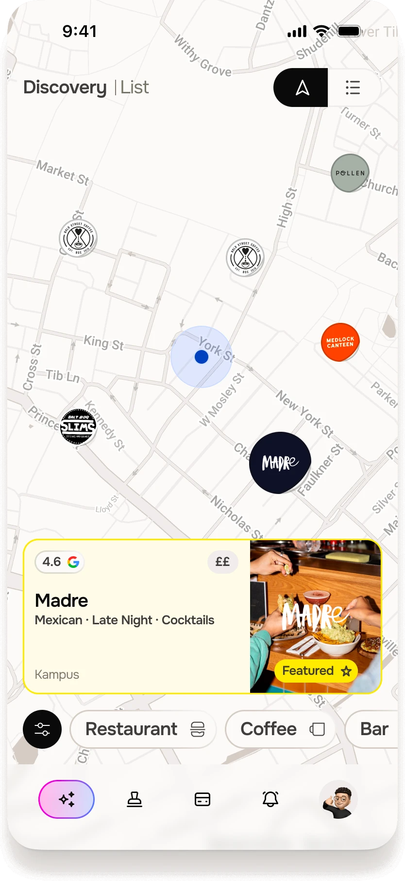 Discovery as a map: partner venues around the user’s location, with Madre featured
