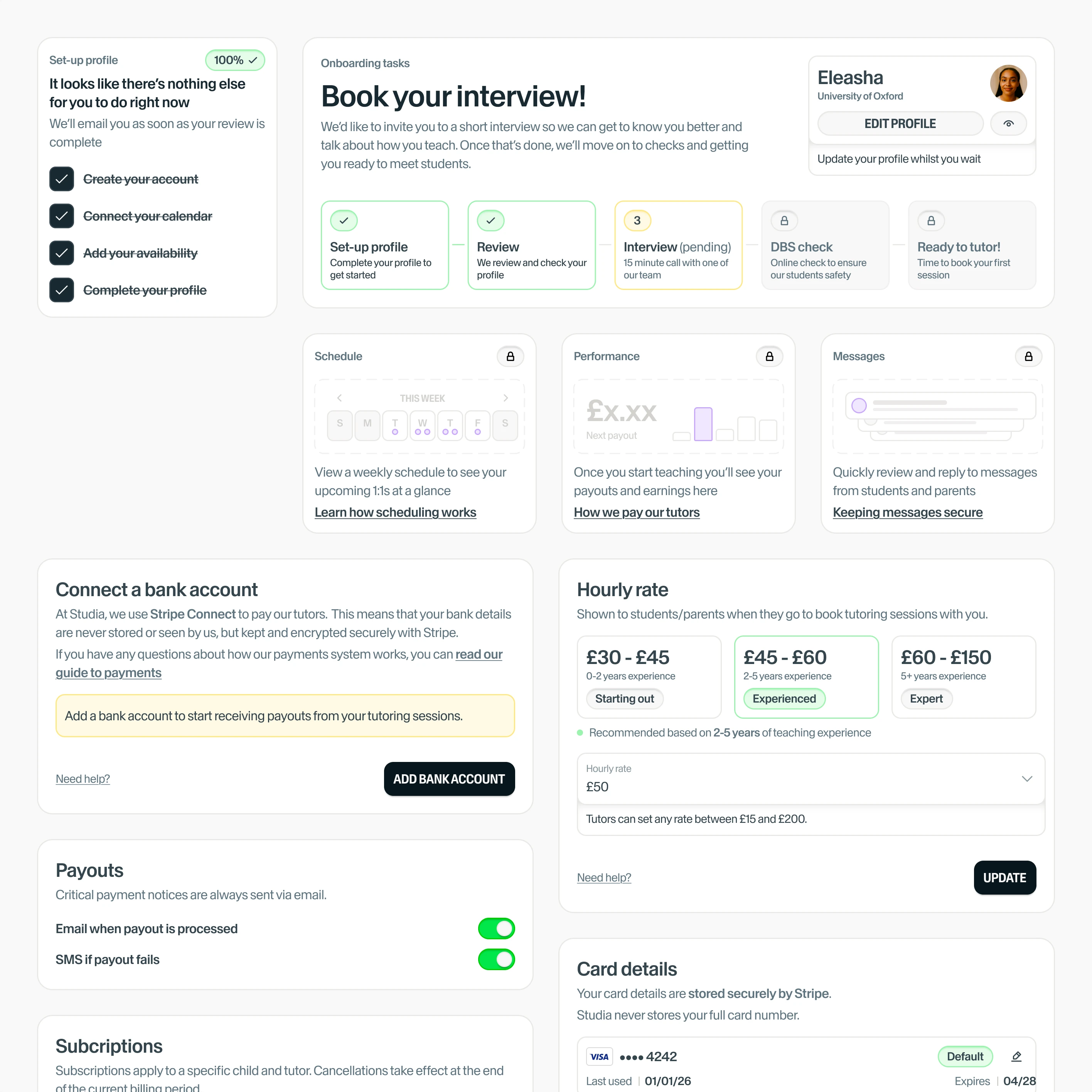 Onboarding components: a set-up checklist, “Book your interview!” with the five steps, locked Schedule, Performance and Messages cards, connecting a bank account, suggested hourly rates by experience, payout alerts, card details and subscriptions