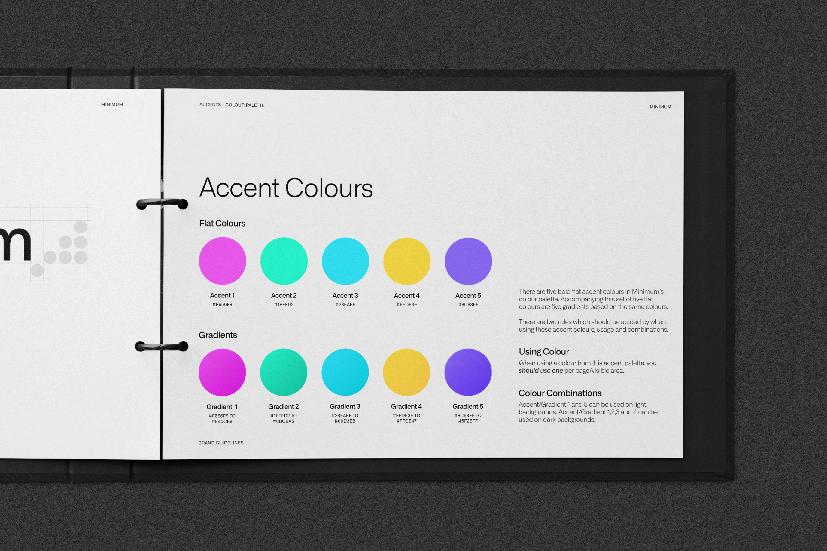 Minimum’s brand guidelines in a ring binder, open at the Accent Colours page: five flat colours and five gradients