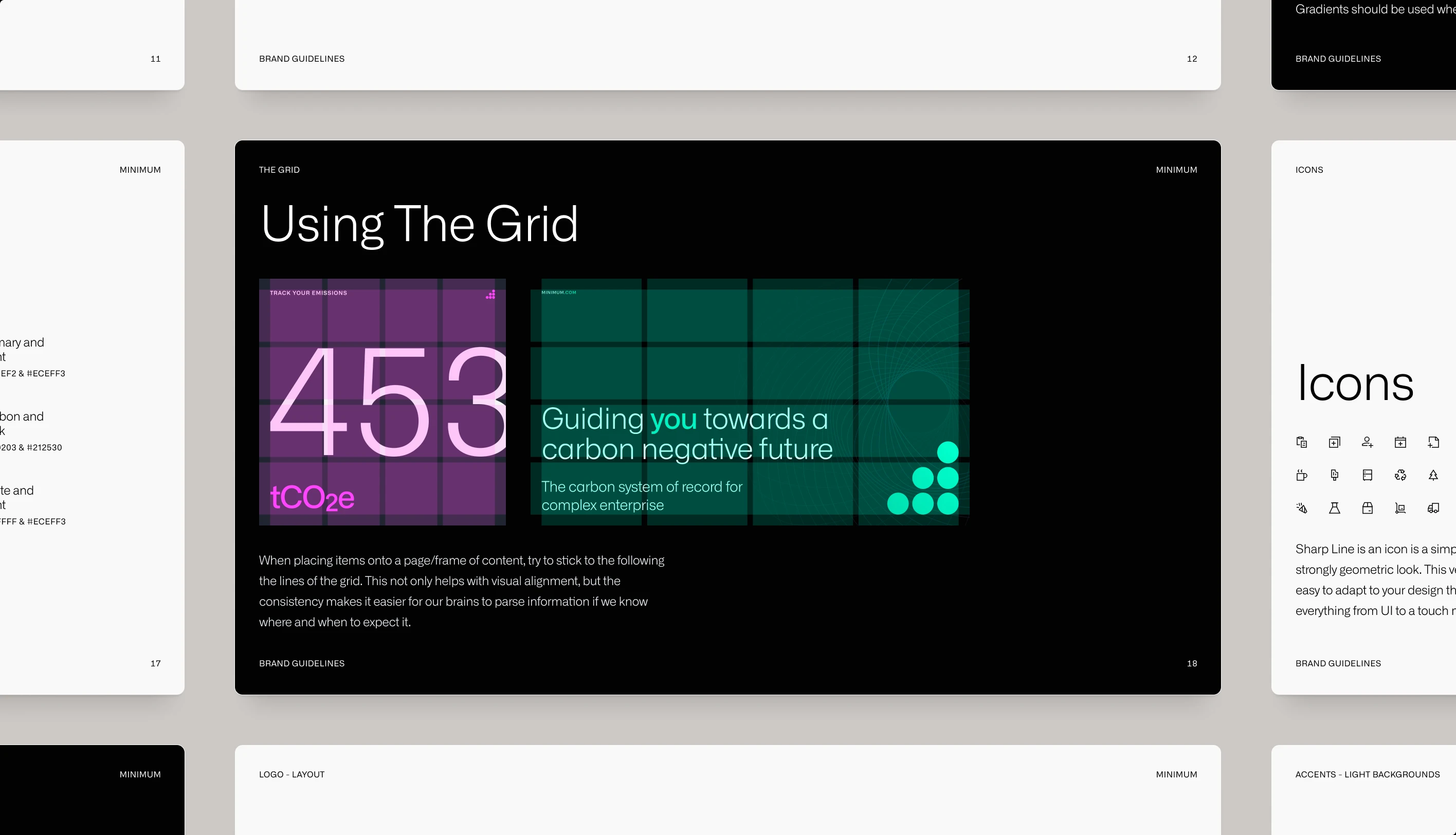 Pages of the Minimum guidelines laid out on grey, centred on Using The Grid: a purple 453 tCO2e post and a green website header on the four-column grid