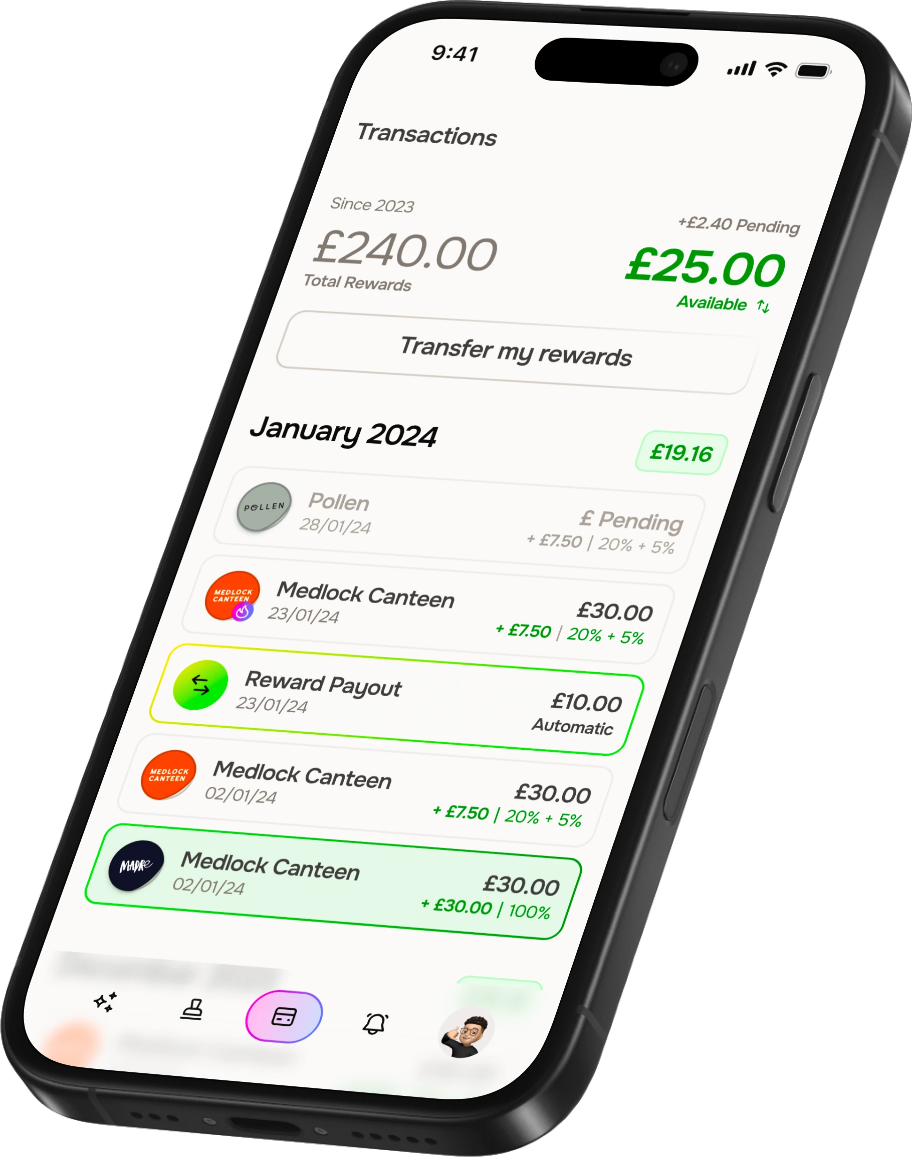 The Shuffle transactions screen, showing £25 of rewards available