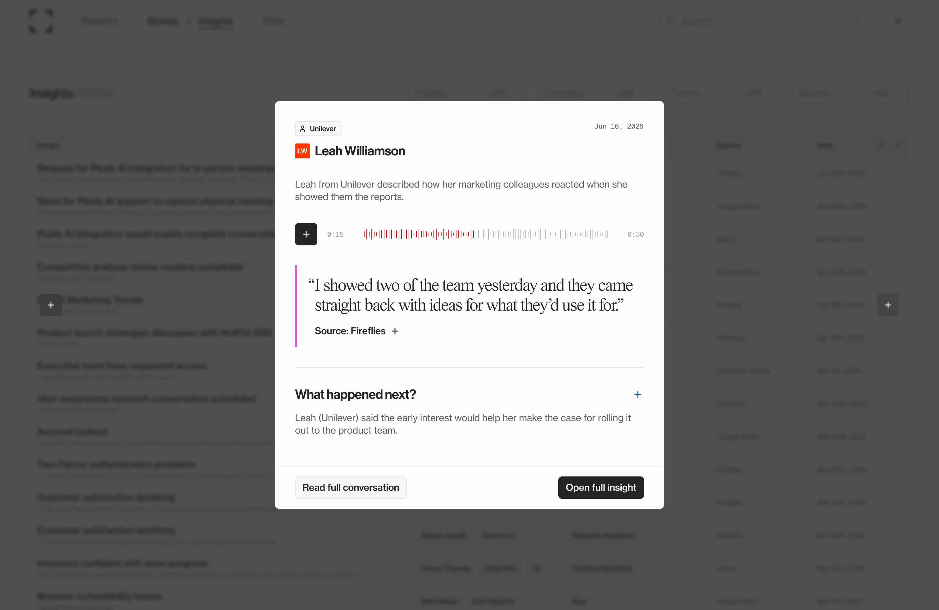 An insight opened from the list: who said it, the quote and its audio, and what happened next