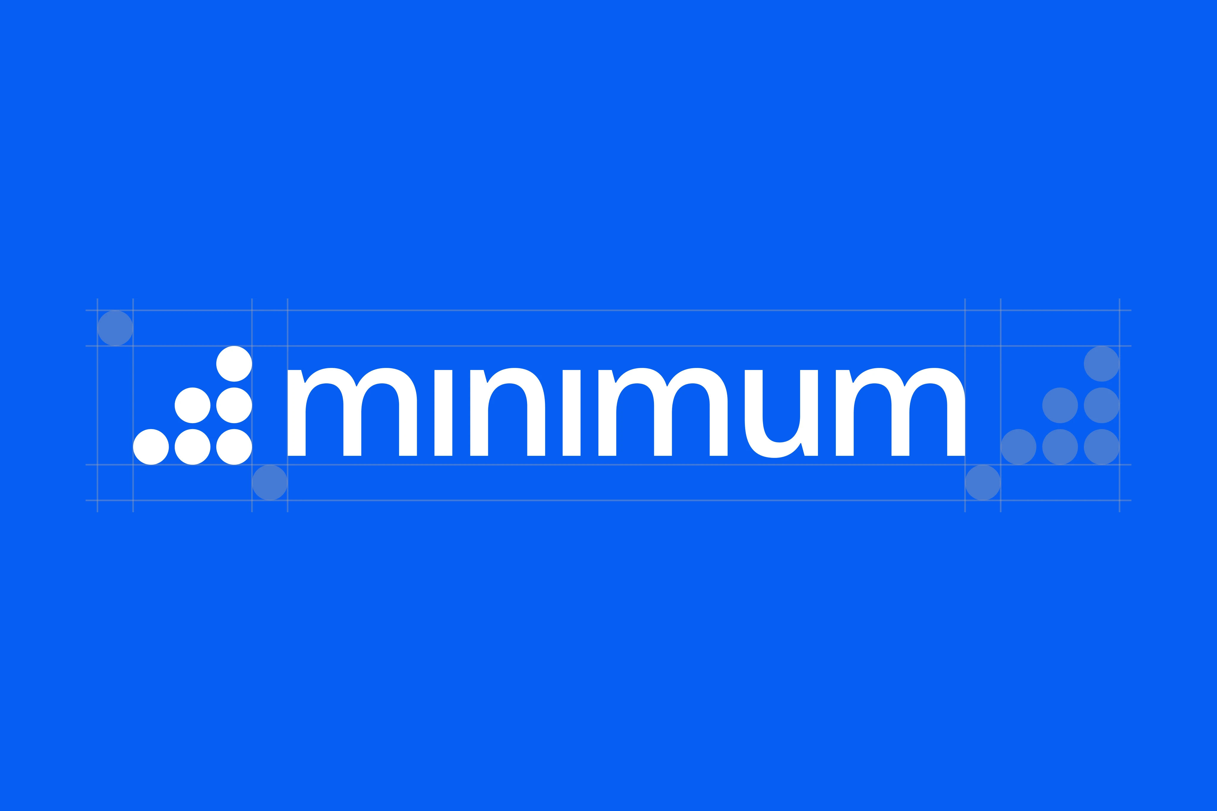 The Minimum logo in white on blue, on its construction grid, with faded particles marking the clear space
