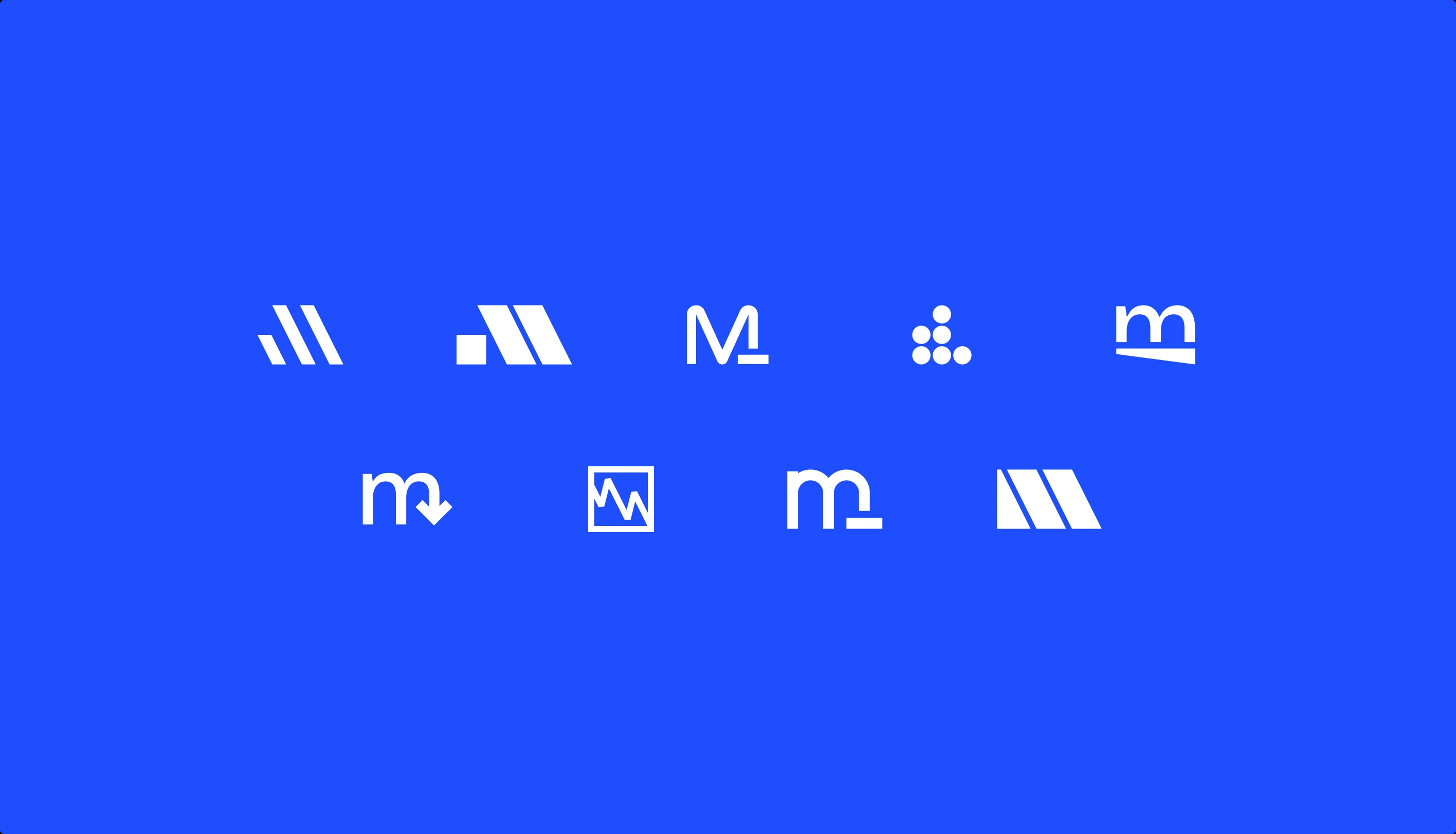 Nine Minimum logomark ideas in white on blue: slanted bars, an M with a dash, six dots, an m with a down arrow, a chart line in a box and the Minus M