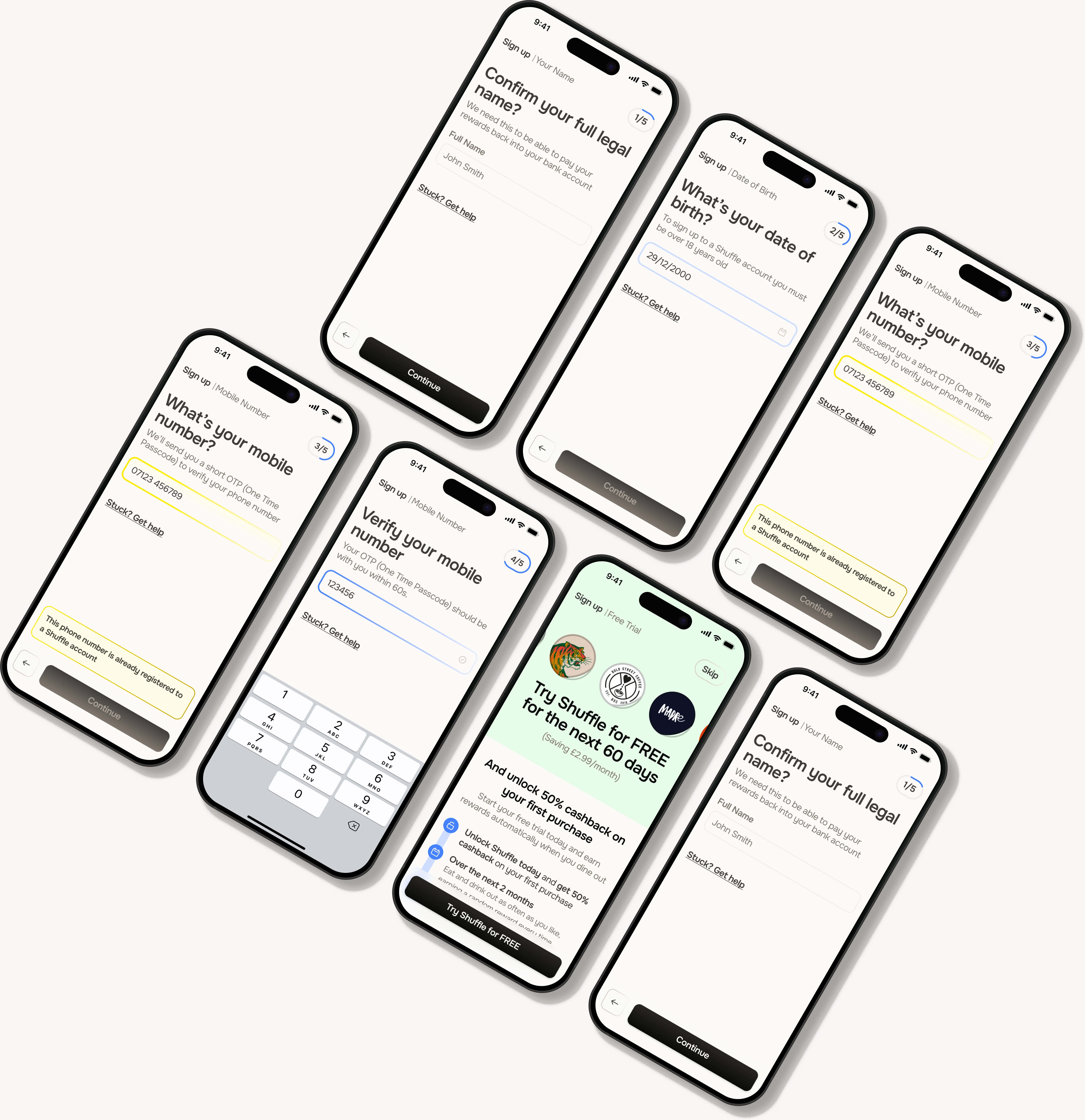 Shuffle’s sign-up screens on tilted phones: verifying a mobile number, an already-registered warning and the free trial