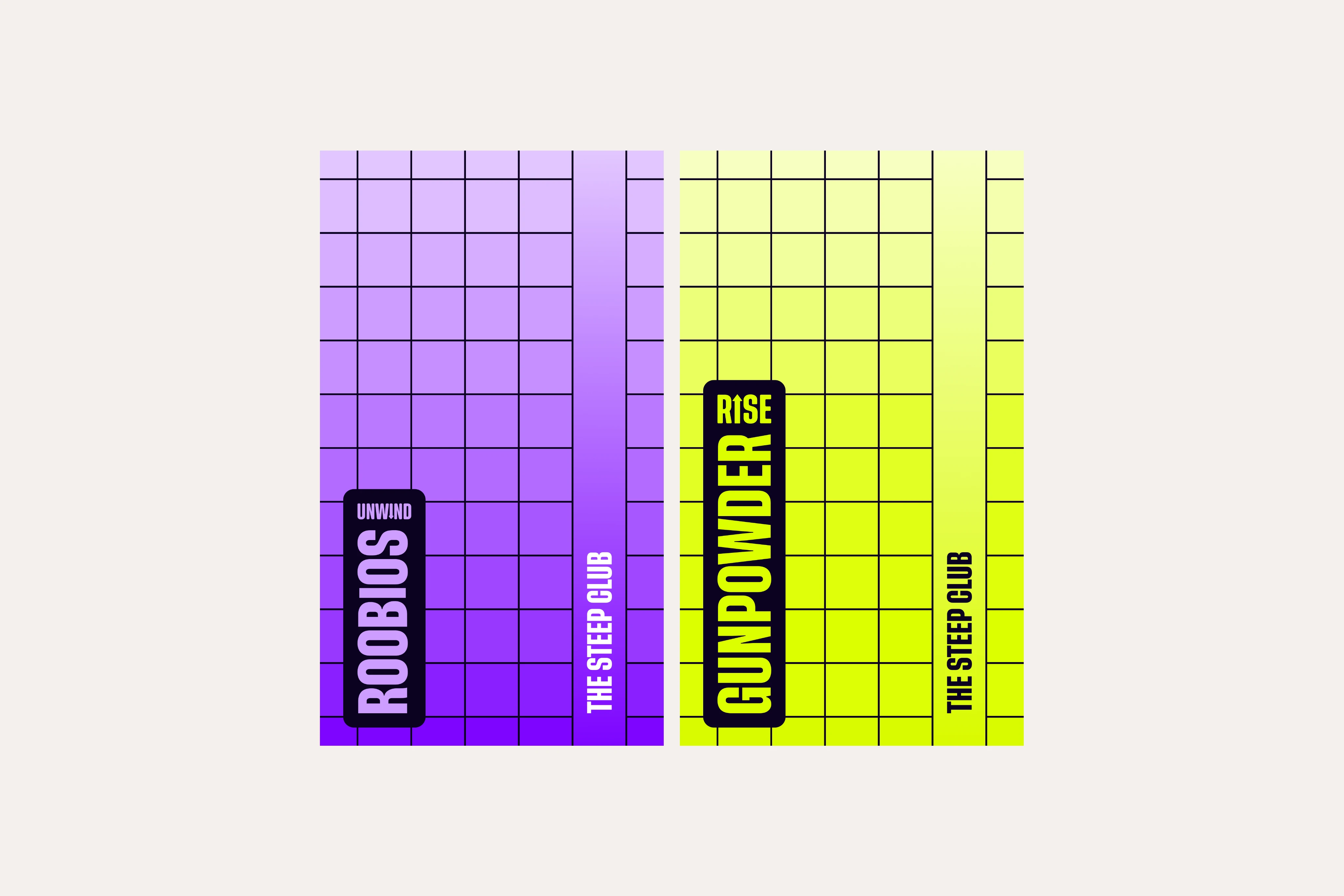 The Unwind and Rise packs laid flat on cream: a black grid over a gradient, pale lilac deepening to violet for Unwind, pale yellow deepening to acid yellow for Rise, each with the range and the tea’s name in a black tab up the side