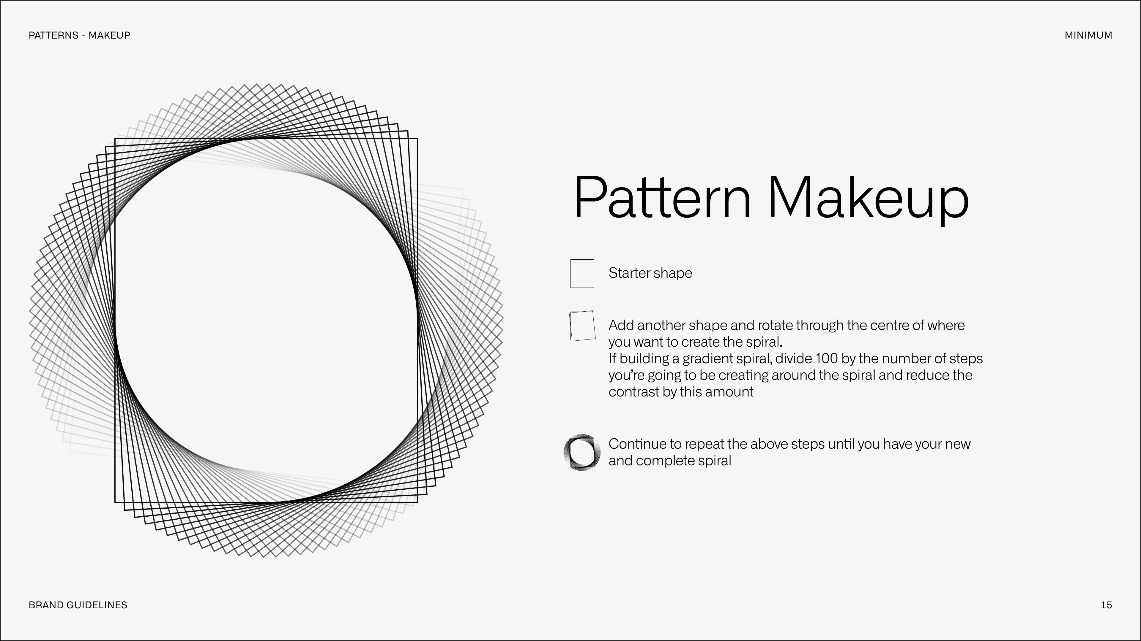 The Pattern Makeup page of the guidelines: start with a shape, add another rotated around the centre, and repeat until the spiral closes