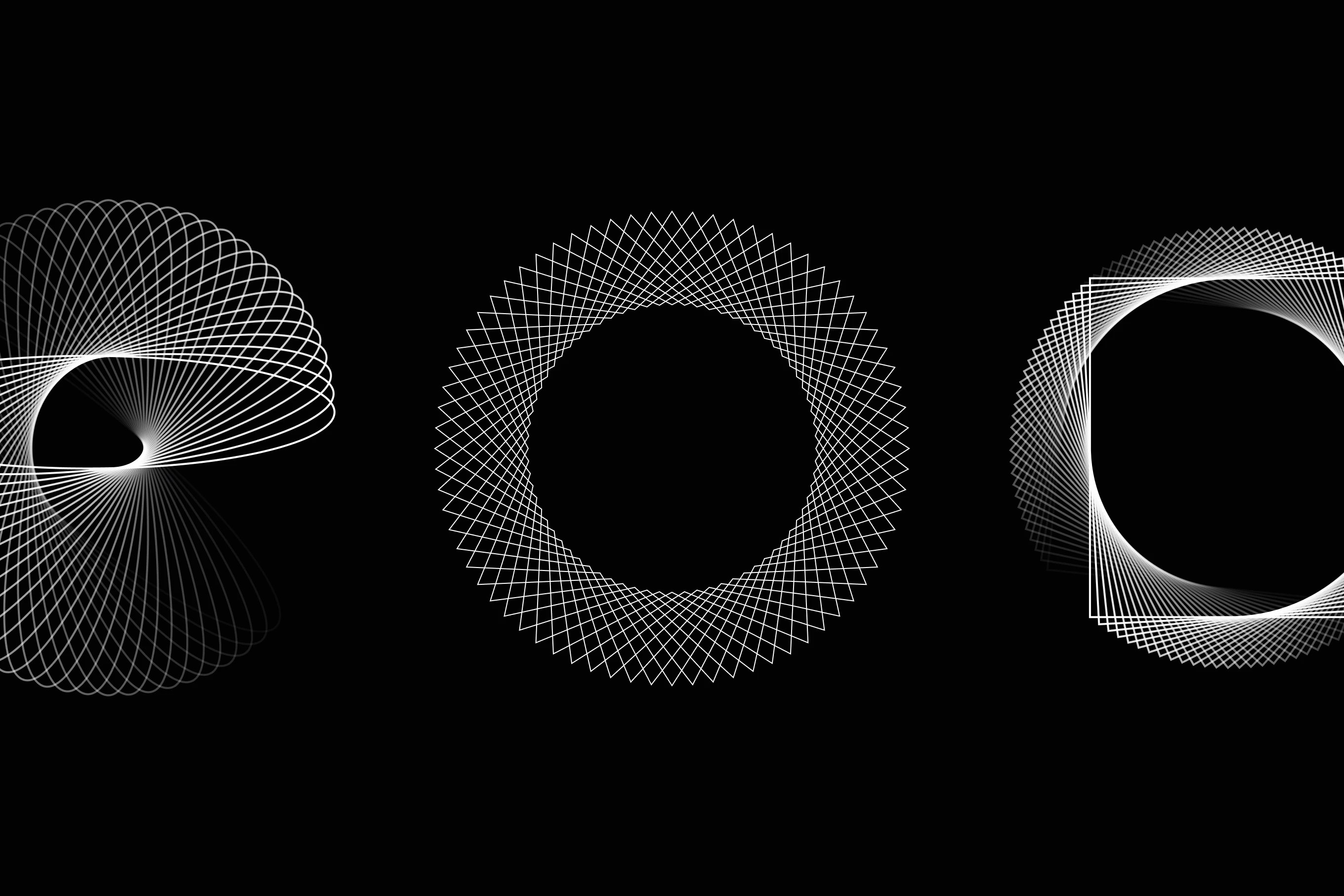 Three white line spirals on black, each made from one shape rotated around a centre
