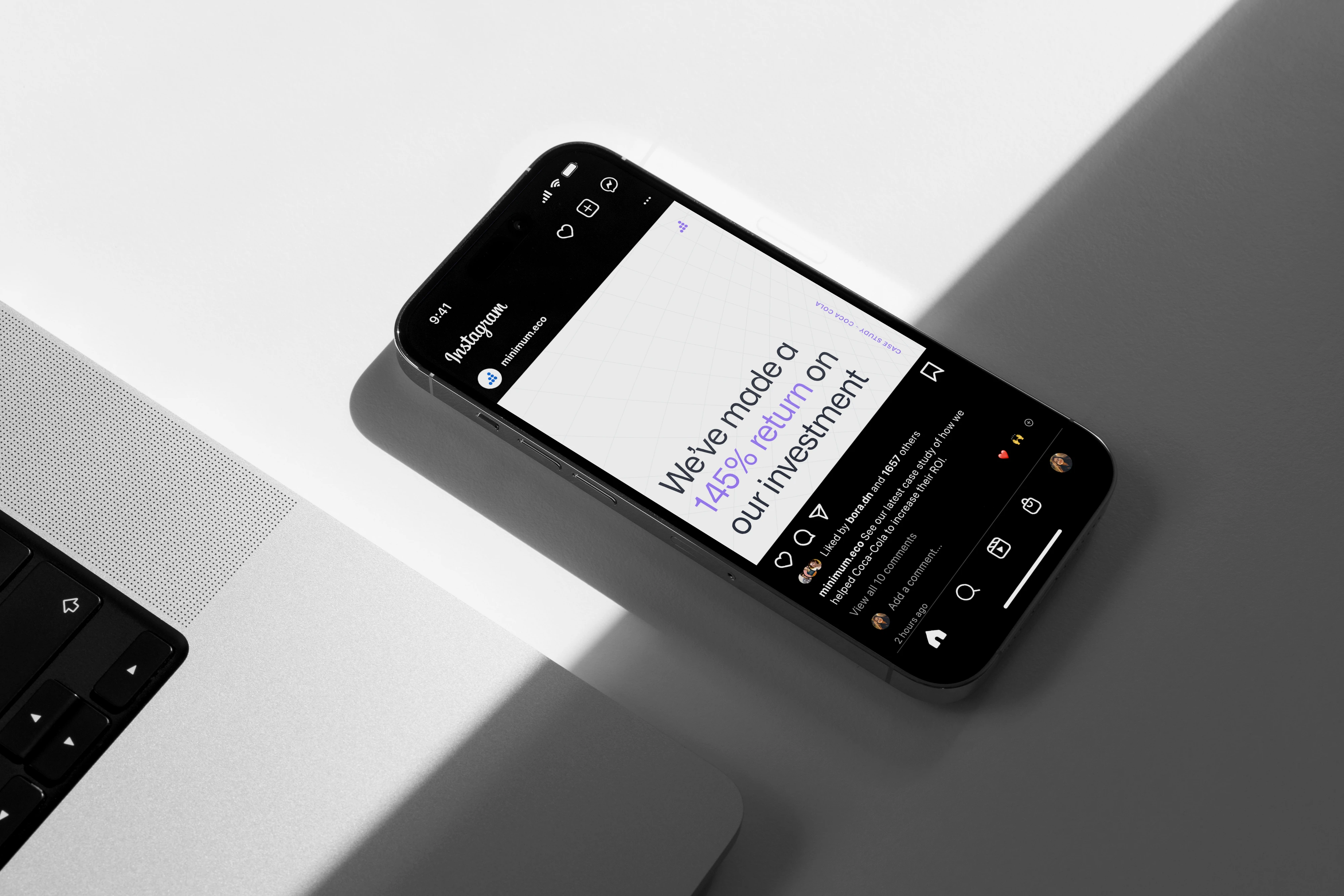 A Minimum Instagram post on a phone: “We’ve made a 145% return on our investment”