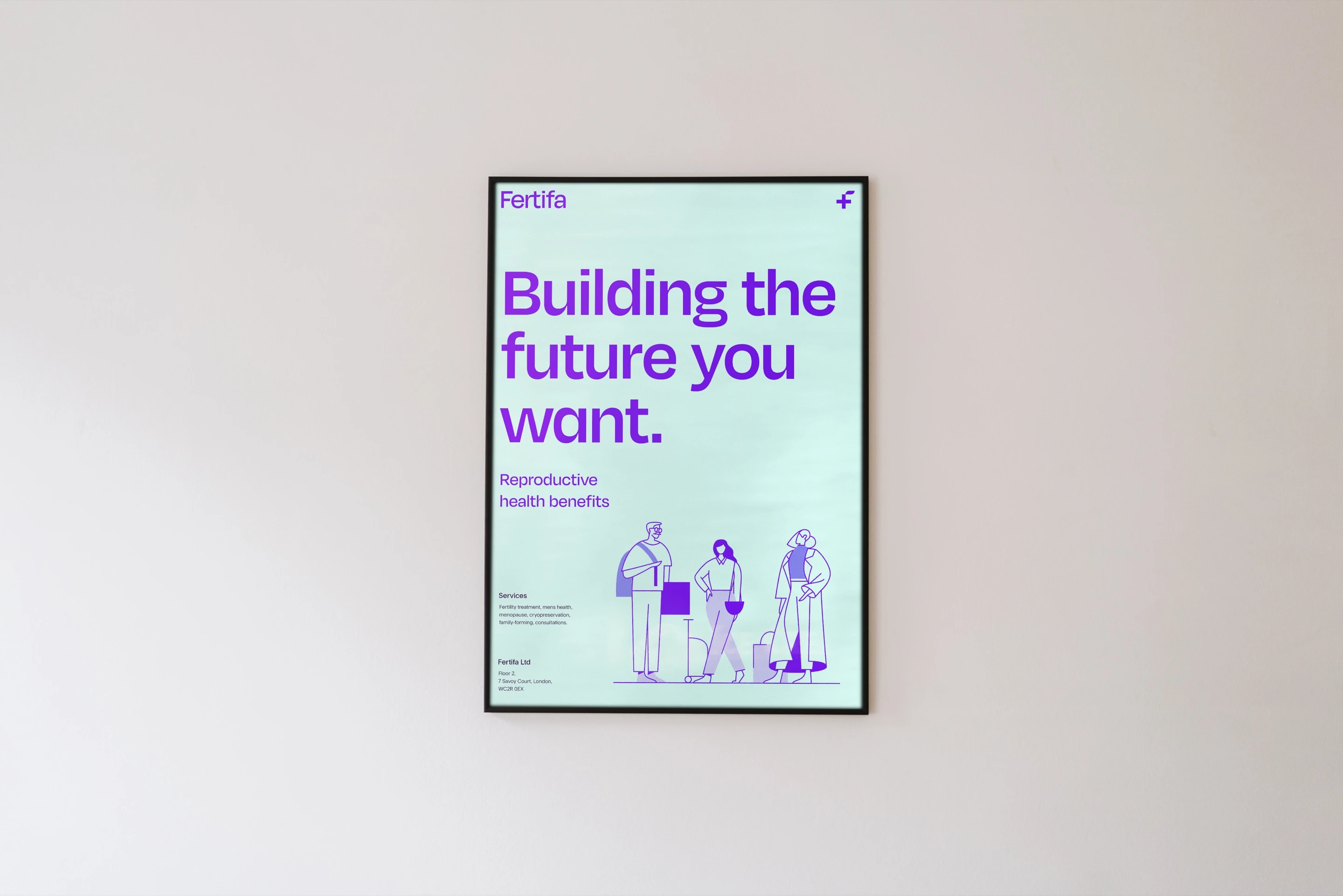 A mint Fertifa poster, “Building the future you want.”, with line illustrations of three people