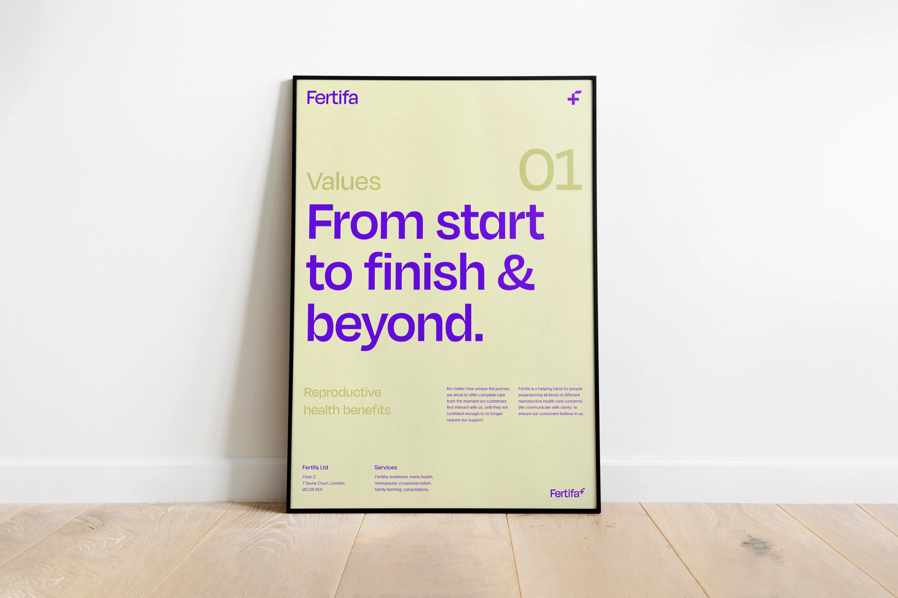 A framed Fertifa values poster leaning against a wall: “From start to finish & beyond.”