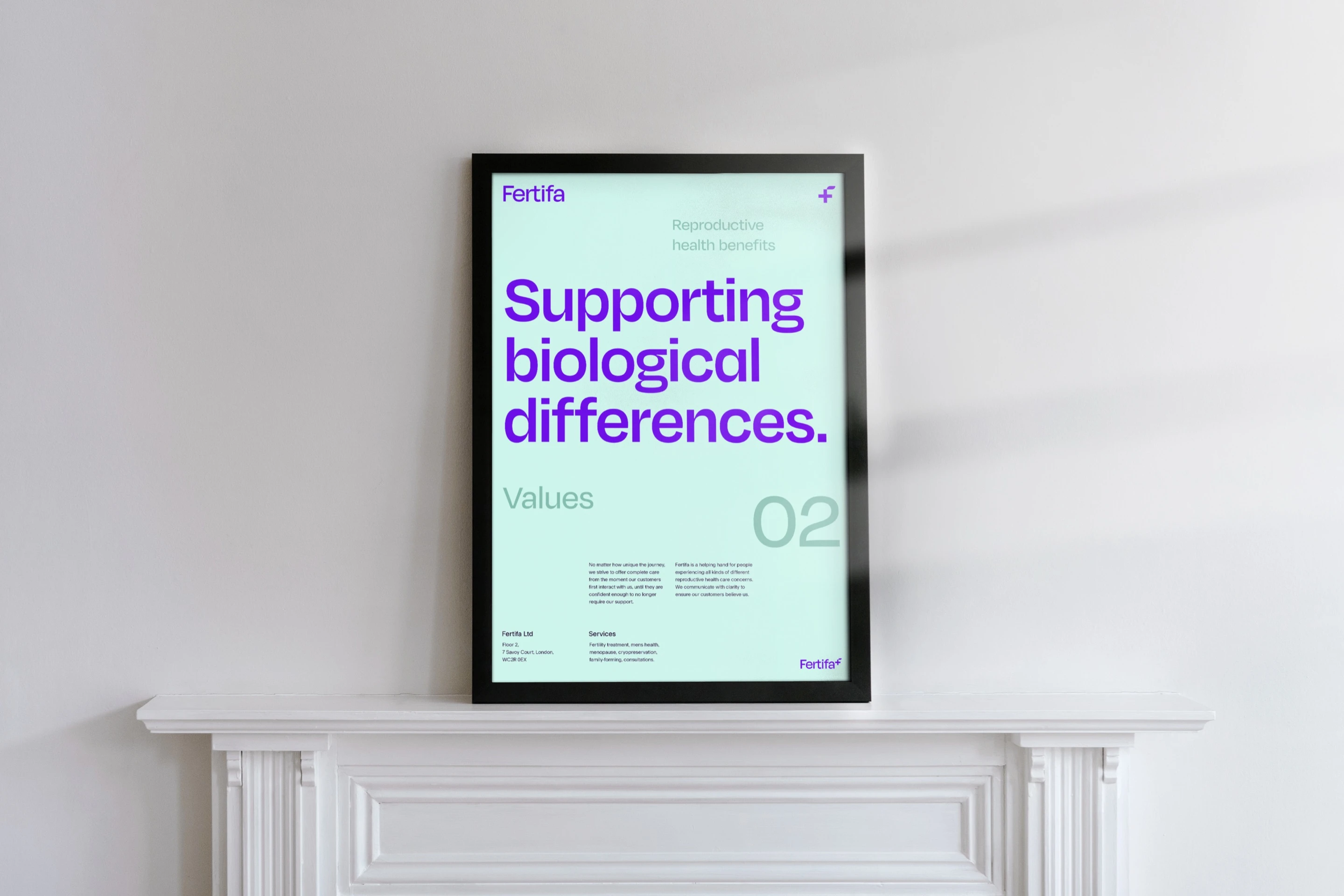 A framed Fertifa values poster on a mantelpiece: “Supporting biological differences.”