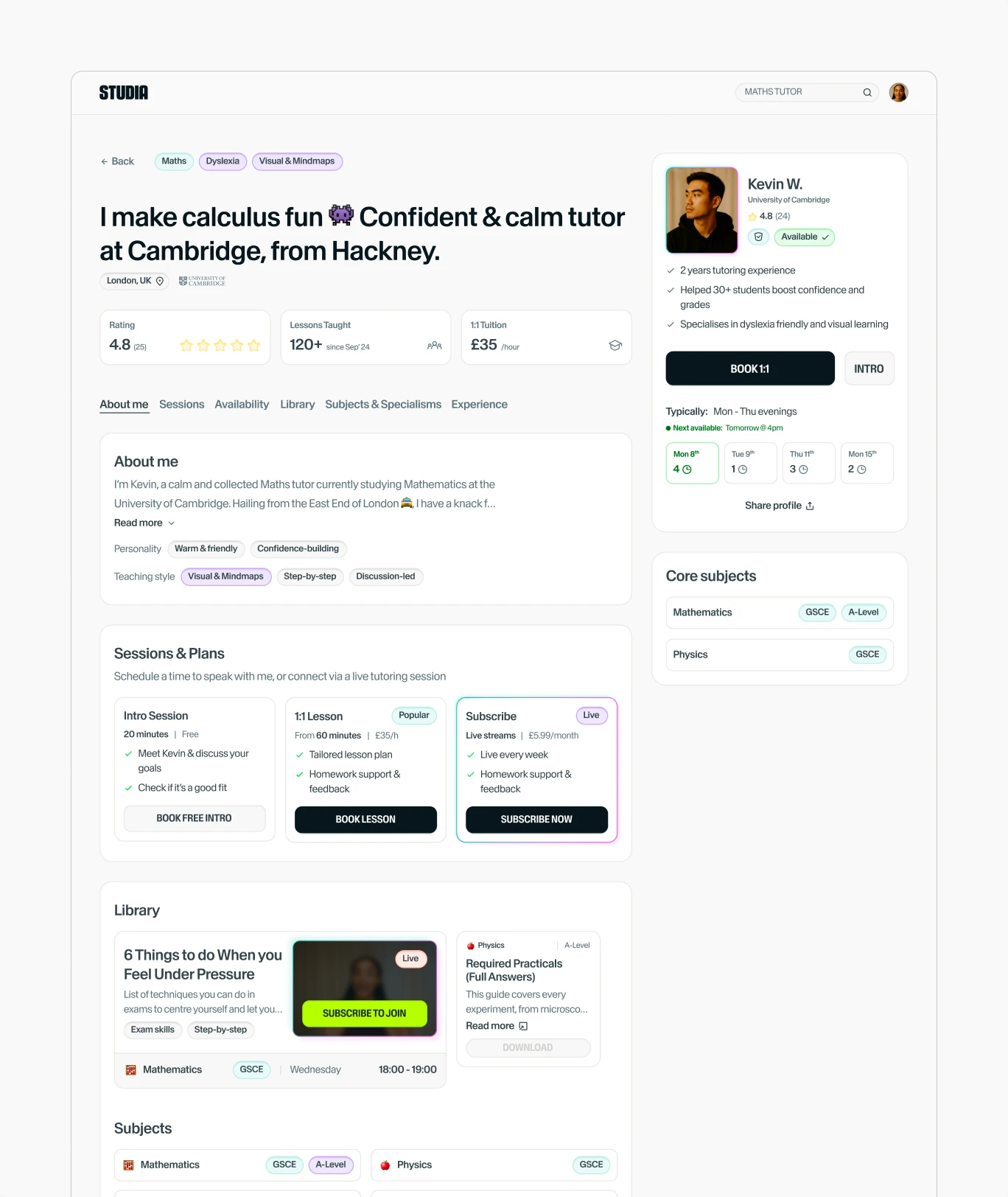 “I make calculus fun. Confident & calm tutor at Cambridge, from Hackney”, with stats, sessions and plans, and a library
