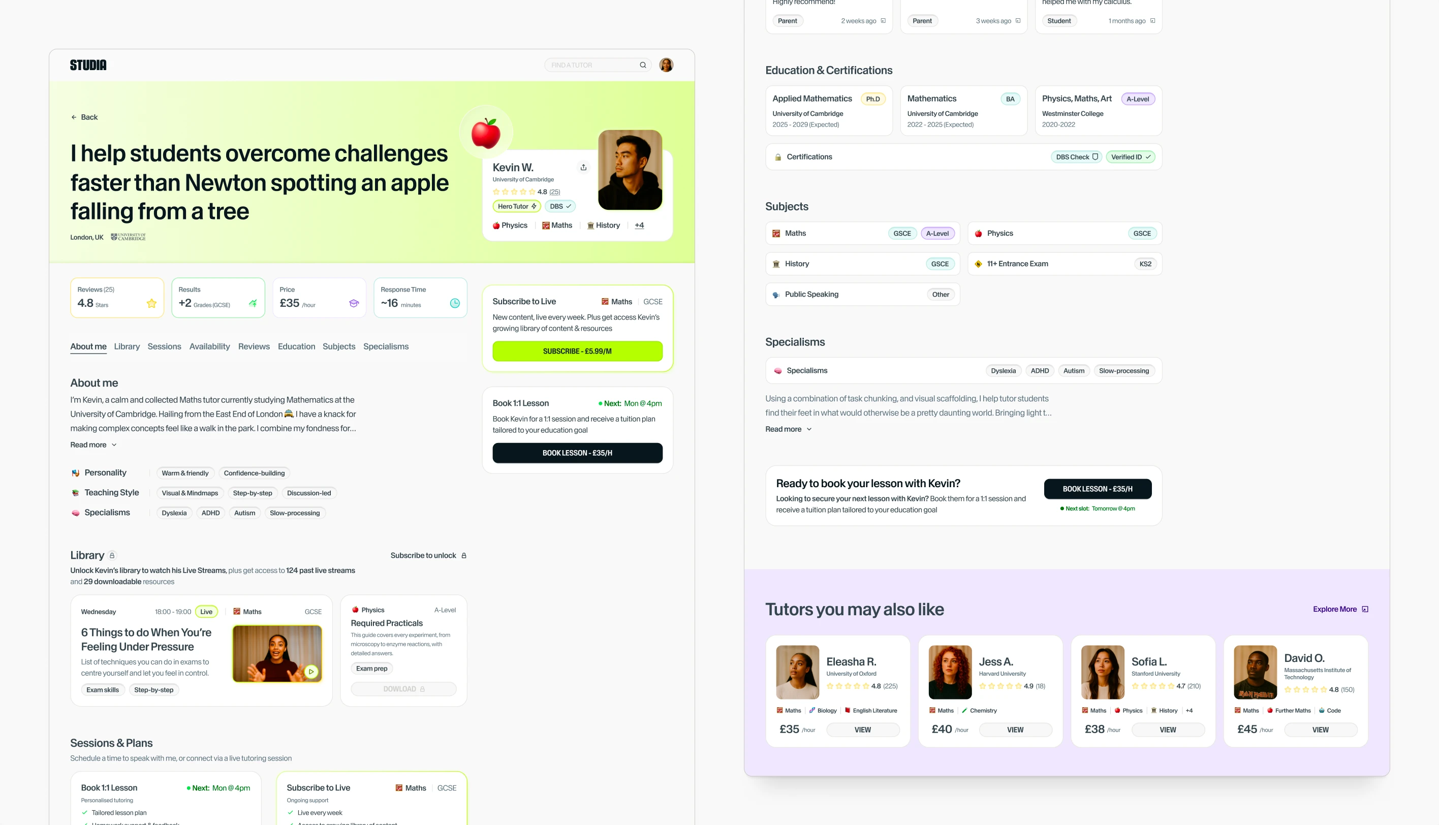 The Hero tutor profile, top and bottom, from the lime header and Kevin’s card to his education, subjects and specialisms, and tutors you may also like