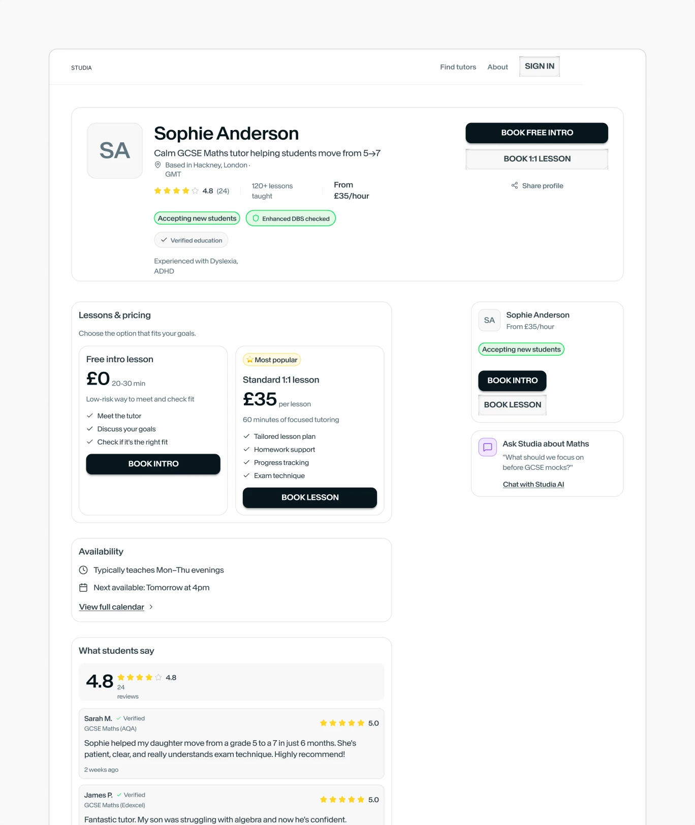 Sophie Anderson’s profile as a listing, lessons and pricing, availability and reviews in grey boxes