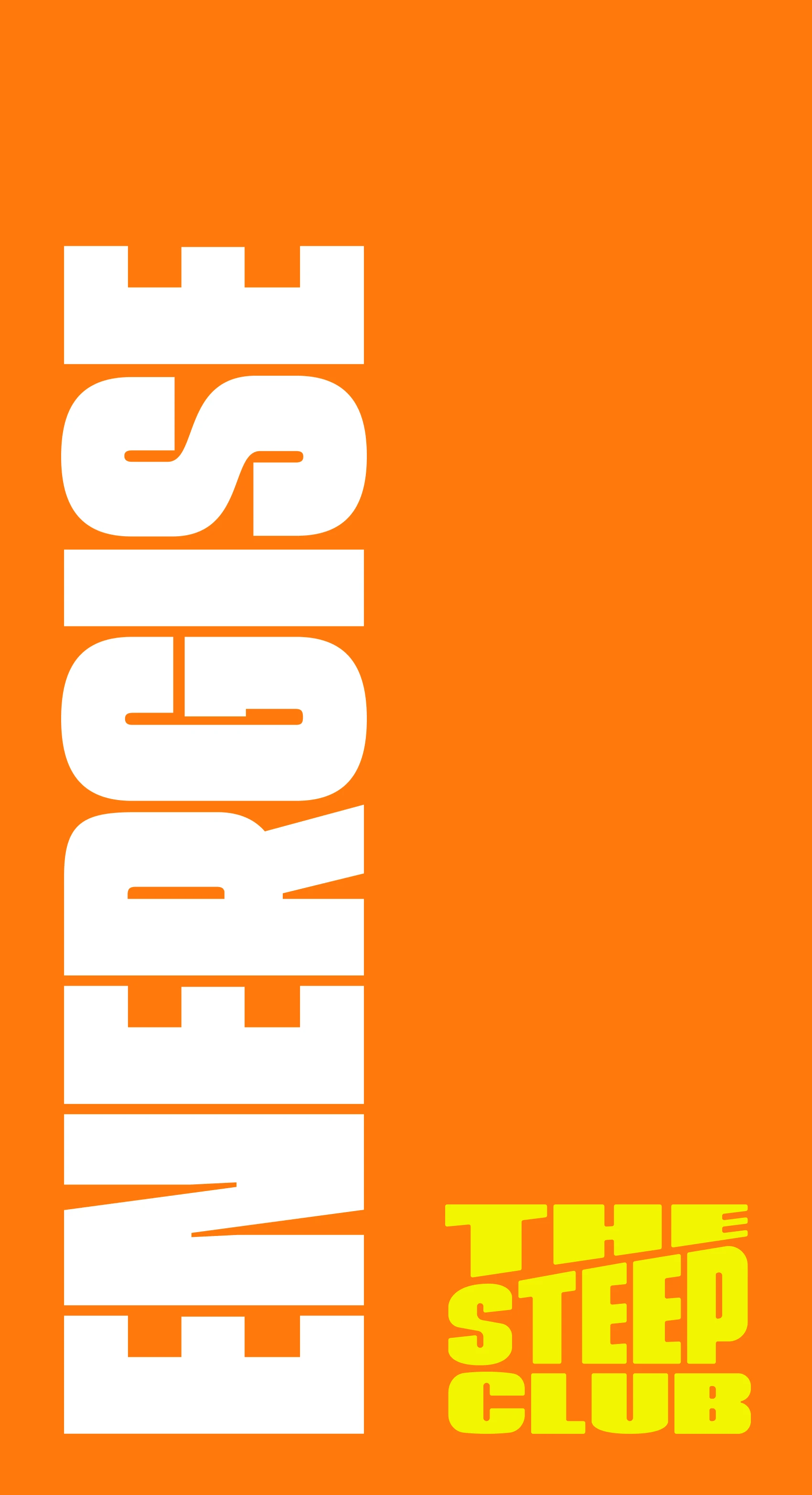 The foot of the Energise pack: “ENERGISE” running up a bright orange pack in heavy white capitals, the Steep Club logo stacked in yellow beside it
