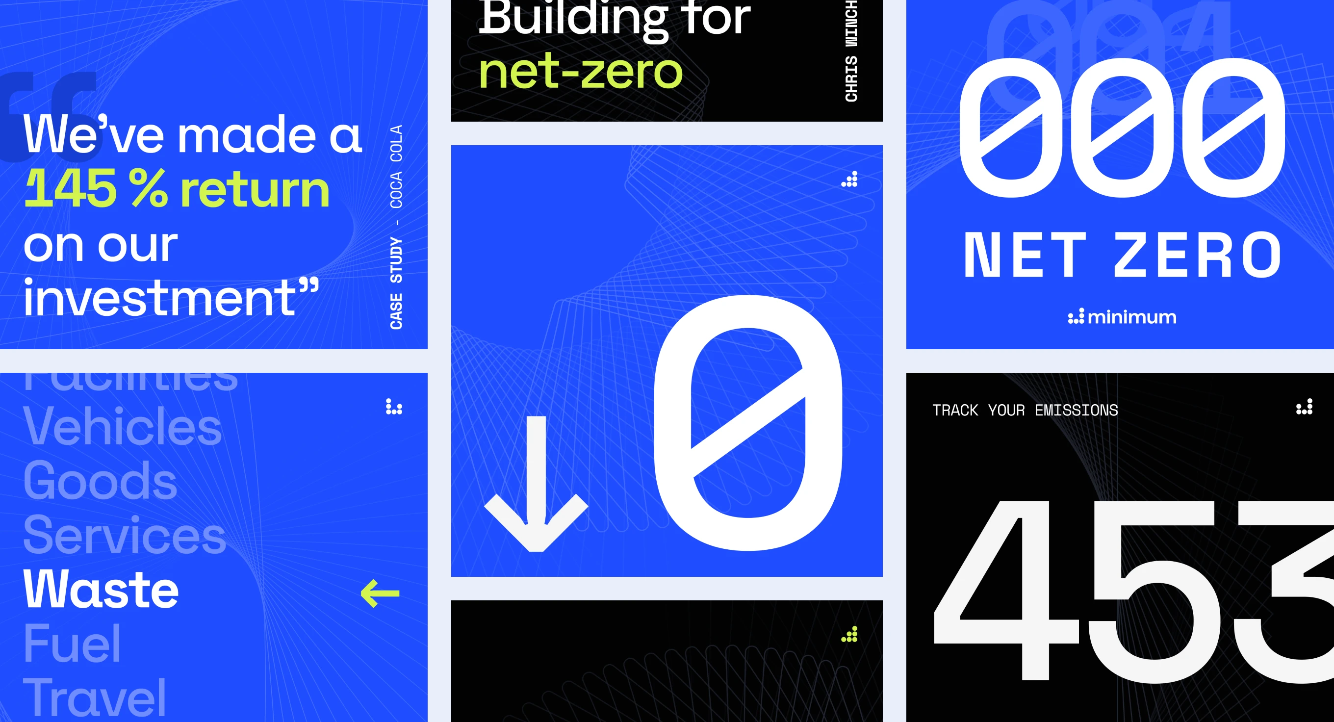 Route one’s social posts in bright blue and black, set in Space Grotesk and Space Mono with acid green highlights