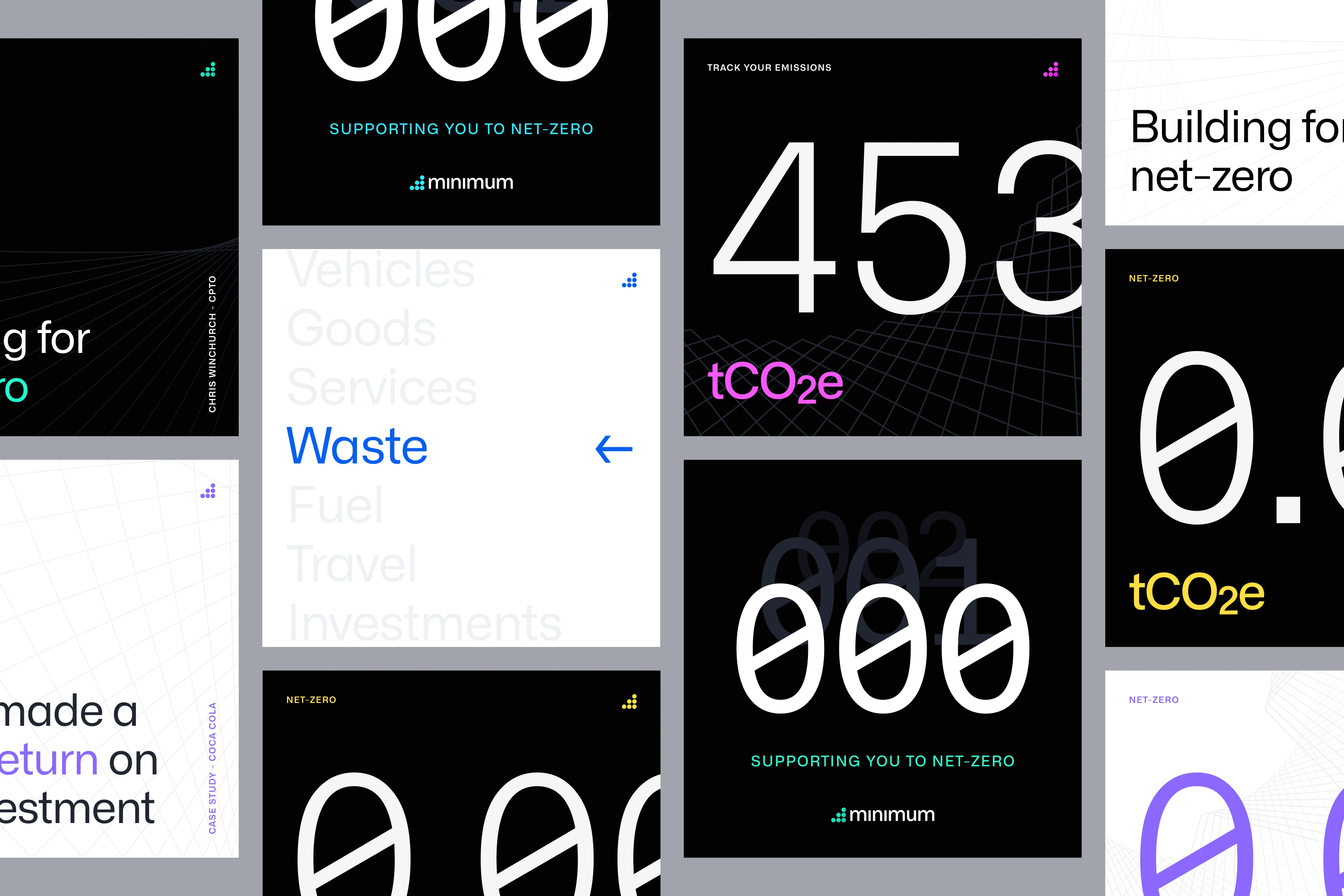A grid of Minimum social posts: big monospaced emissions figures like “453 tCO2e” and “000”, “Building for net-zero” and a list of emission sources with “Waste” highlighted in blue