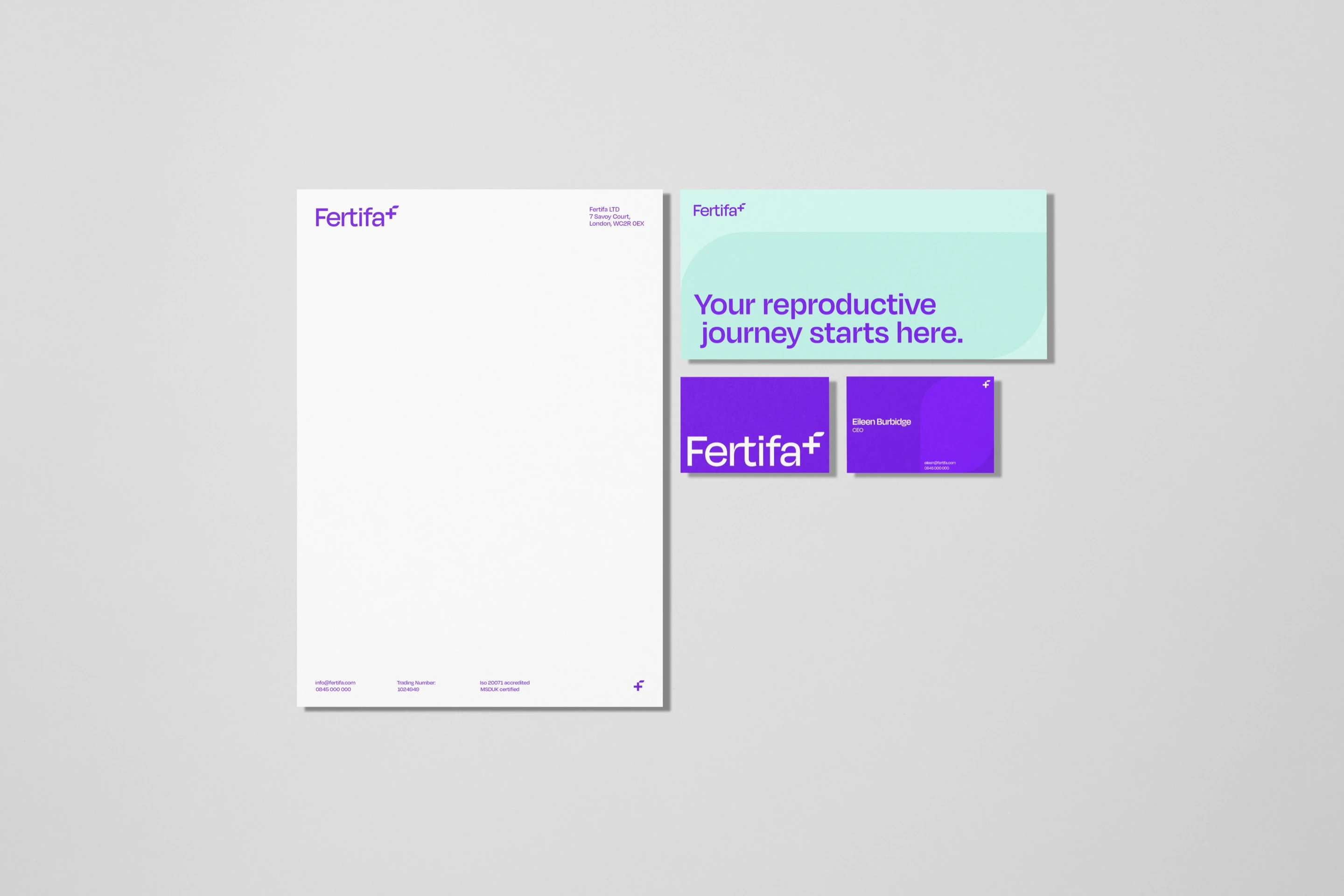 Fertifa stationery: a letterhead, a mint compliments slip and purple business cards
