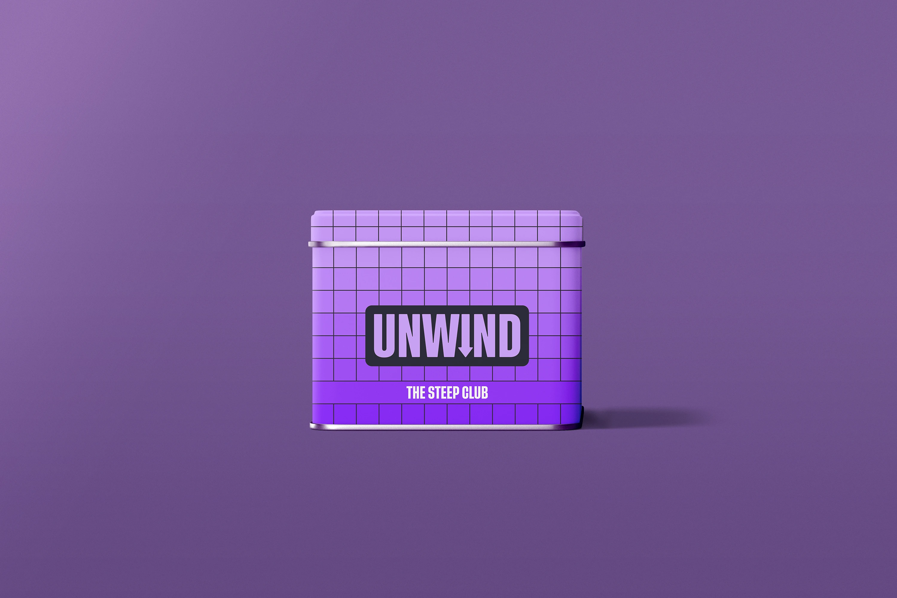A purple Unwind tea tin on a purple background, the gridded gradient running round it and the Unwind name in a black tab