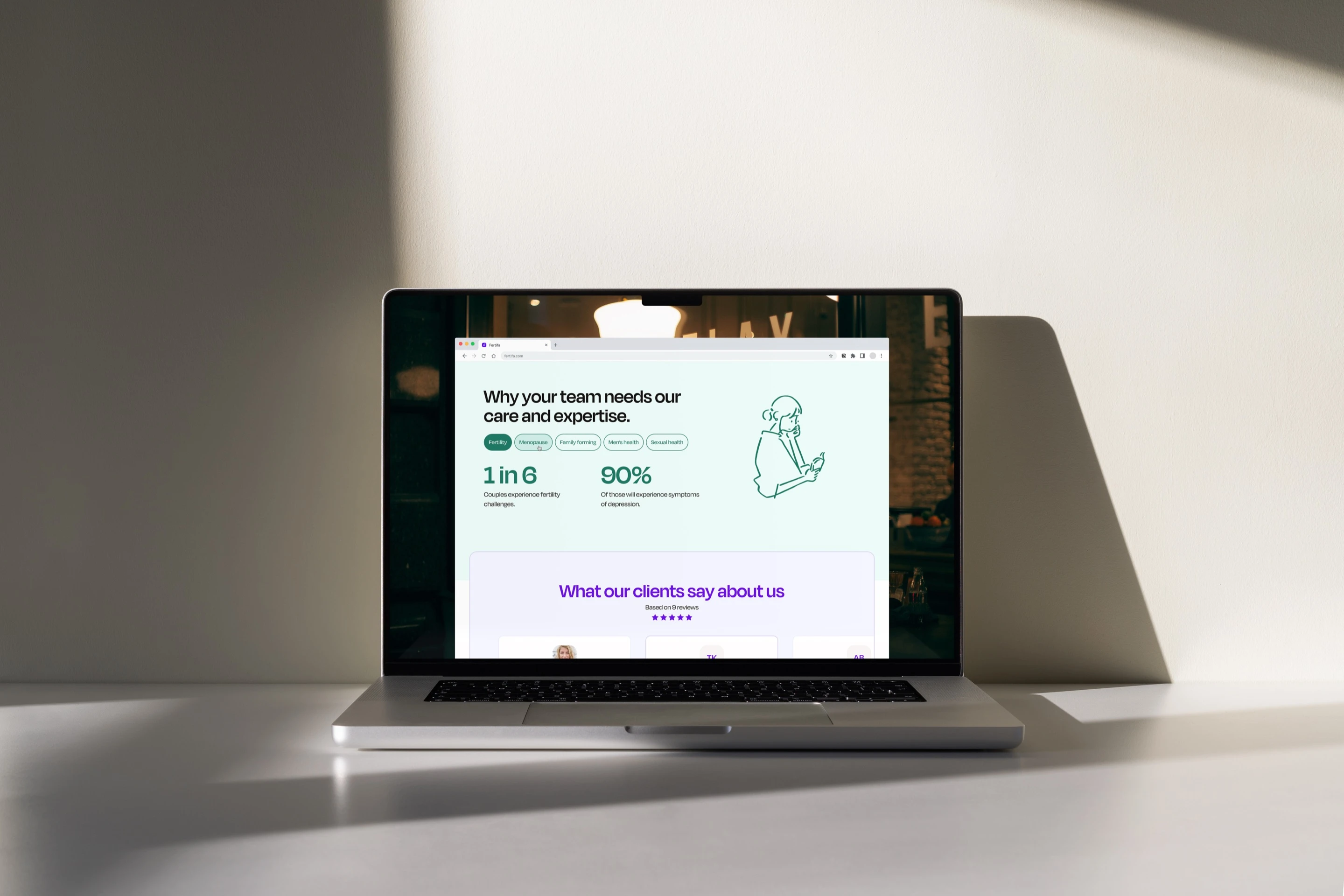 The Fertifa website on a laptop: “Why your team needs our care and expertise”
