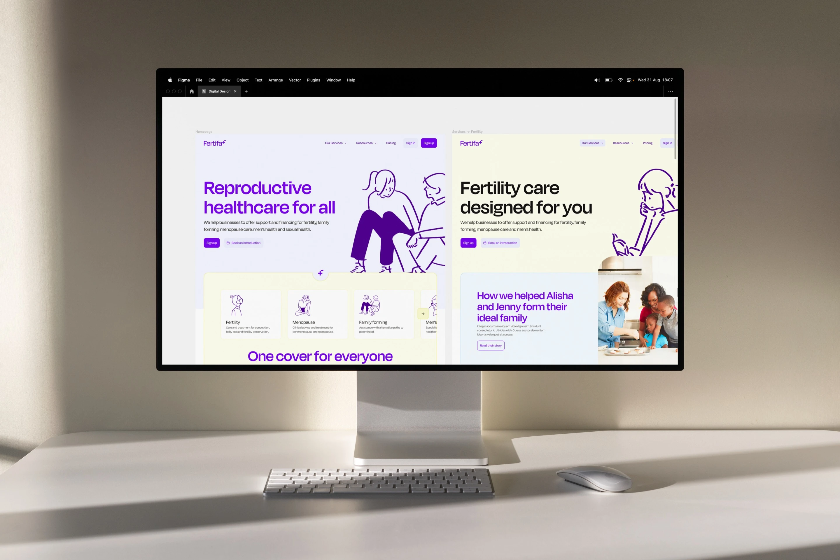 Two pages of the Fertifa website on a desktop monitor: “Reproductive healthcare for all” and “Fertility care designed for you”